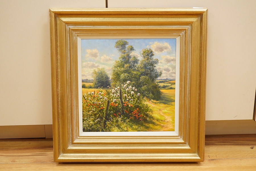 Mervyn Goode (b.1948), ‘Evening sunlight on Thistledown and Poppies’, unsigned, labels verso, oil on canvas, 29 x 29cm